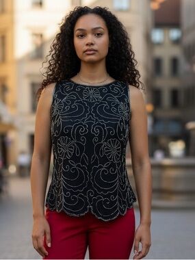 Black Beaded Floral Sleeveless Camisole